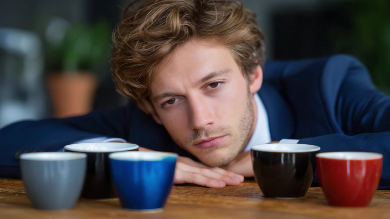 En mann i dress reflekterer over livet mens han hviler hodet på bordet, omgitt av ulike kaffekopper, som symboliserer utmattelse og ettertanke