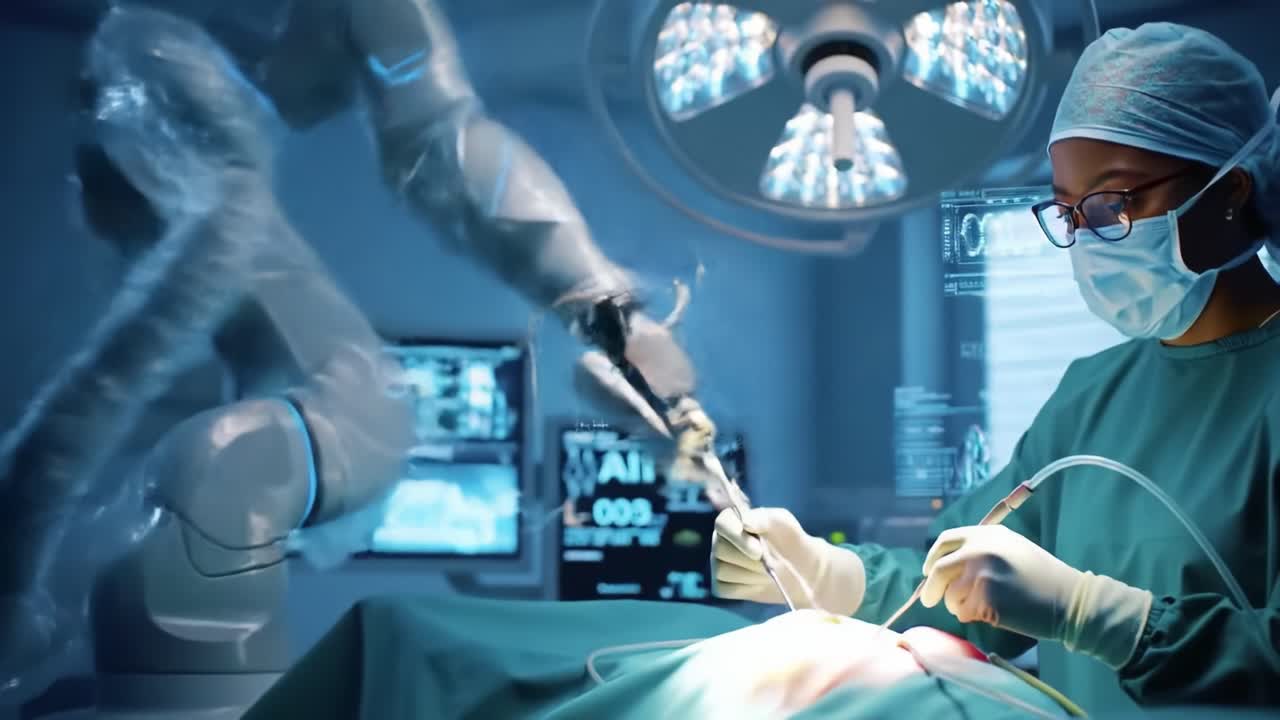 Surgeons utilize sophisticated robotic technology to perform intricate surgery, ensuring high accuracy and patient safety. This operation showcases innovation in medical techniques and teamwork.