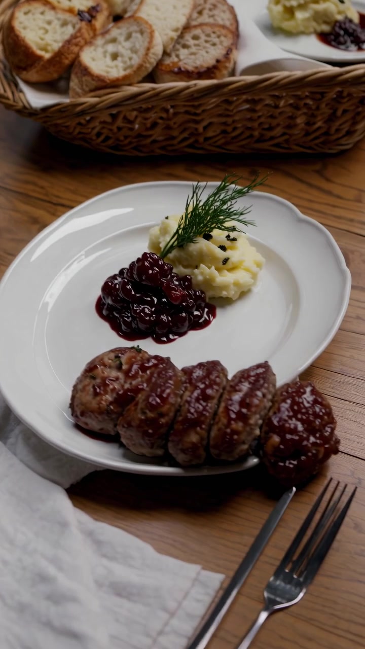Plated Swedish Meatballs with Mashed Potatoes and Lingonberry Jam