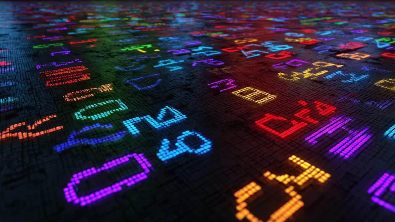 Multi colored abstract cryptic symbols glowing with a vibrant neon light on a complex digital surface, representing big data, artificial intelligence, and futuristic communication technology