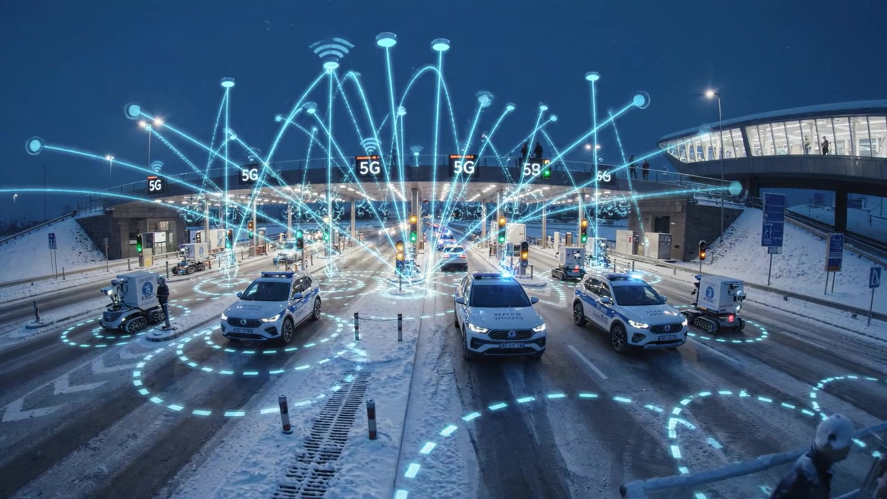 Posto di blocco stradale di notte con neve e presenza della polizia sotto la segnaletica 5G, strade e veicoli illuminati che evidenziano le condizioni invernali e le misure di sicurezza