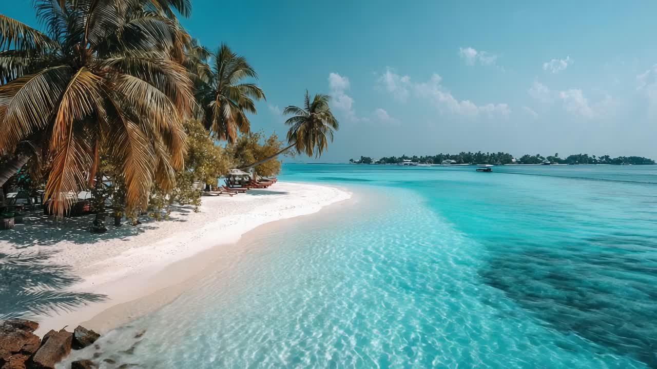 Pemandangan Pantai Tropis yang Indah dengan Air Sebening Kristal dan Pepohonan Palem yang Subur di Oasis Pulau yang Tenang di Bawah Langit Biru yang Cerah