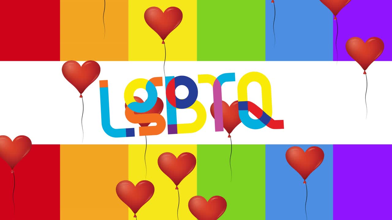 lgbtq의 애니메이션과 무지개 배경 위에 떠다니는 심장