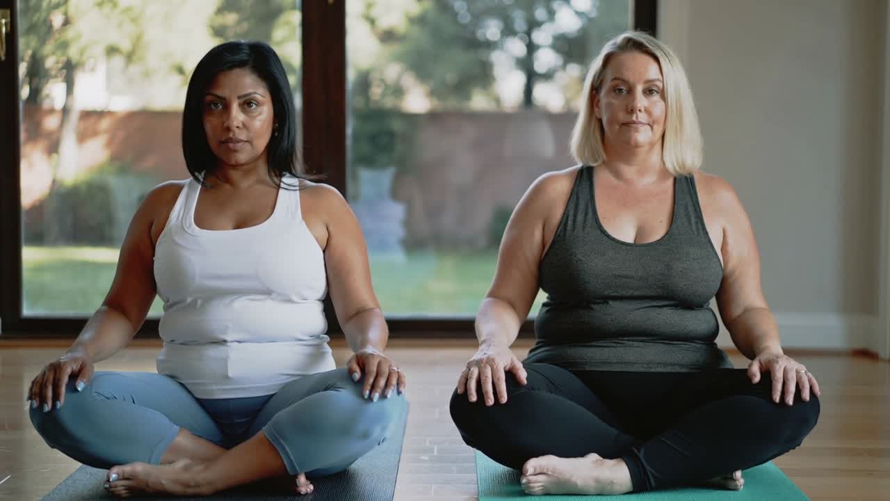 To kvinder sidder i skrædderstilling på yogamåtter ved glasdøre, indånder og praktiserer meditation.