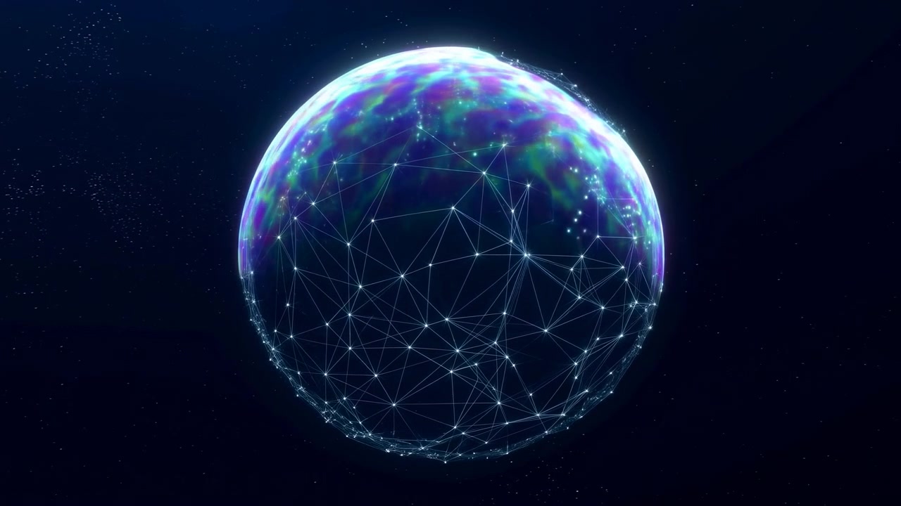 A luminous wireframe sphere made of connected nodes and lines floats against a dark blue background, creating a futuristic abstract technology scene