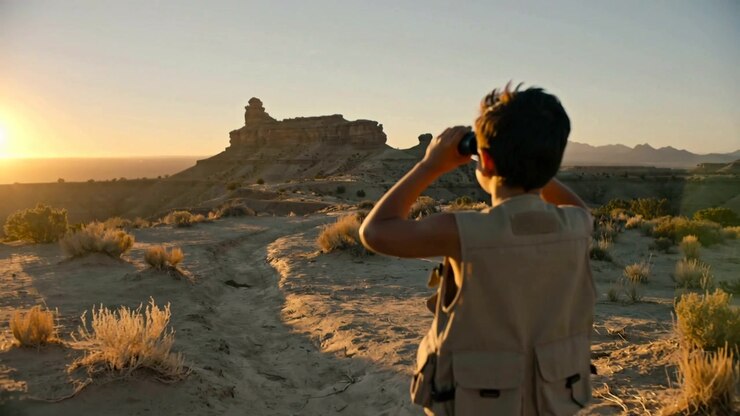Spotting mesa, child in tan vest pausing and using binoculars on desert trail at sunset, scanning