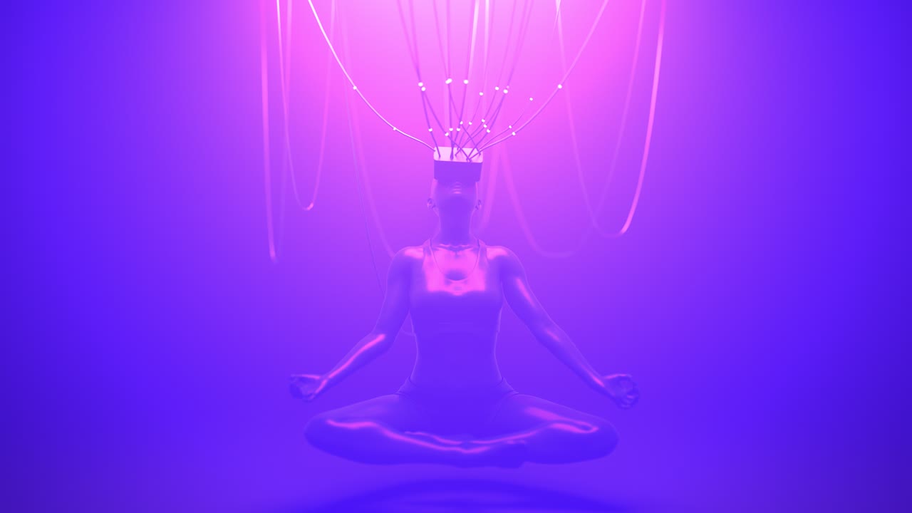 donna in occhiali vr in postura di meditazione collegata con cavi al metaverso. concept di neon avatar. animazione cyberpunk a loop ultravioletta.