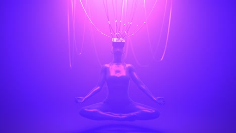 woman in vr glasses in meditation pose connected with cables to metaverse. avatar neon concept. ultraviolet cyberpunk loopable animation.