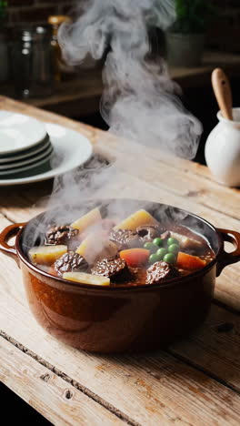 hearty beef stew with vegetables steaming on a rustic table