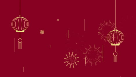 animación de linternas y fuegos artificiales en fondo rojo.