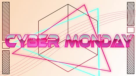 Animation-Von-Cyber-Monday-Text-In-Rosa-Metallischen-Buchstaben-über-Neonlinien-Mit-Sechseck-Auf-Blassrosa