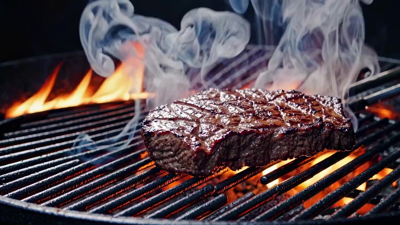 Succulenta bistecca di manzo che griglia su fiamme vive su un barbecue