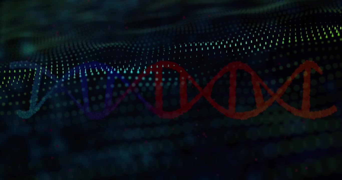 Undulating glowing points shifting in grid initiating rainbow DNA helix forming visualizing data