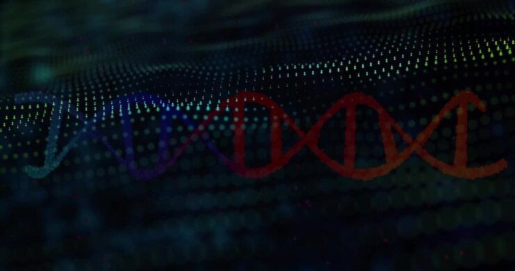 Undulating glowing points shifting in grid initiating rainbow DNA helix forming visualizing data