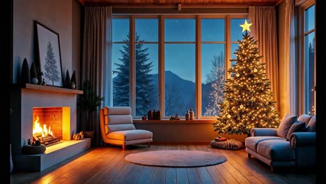 acogedora sala de estar de navidad con vista a la montaña