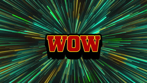 Animation of wow text over green and yellow light trails on black background