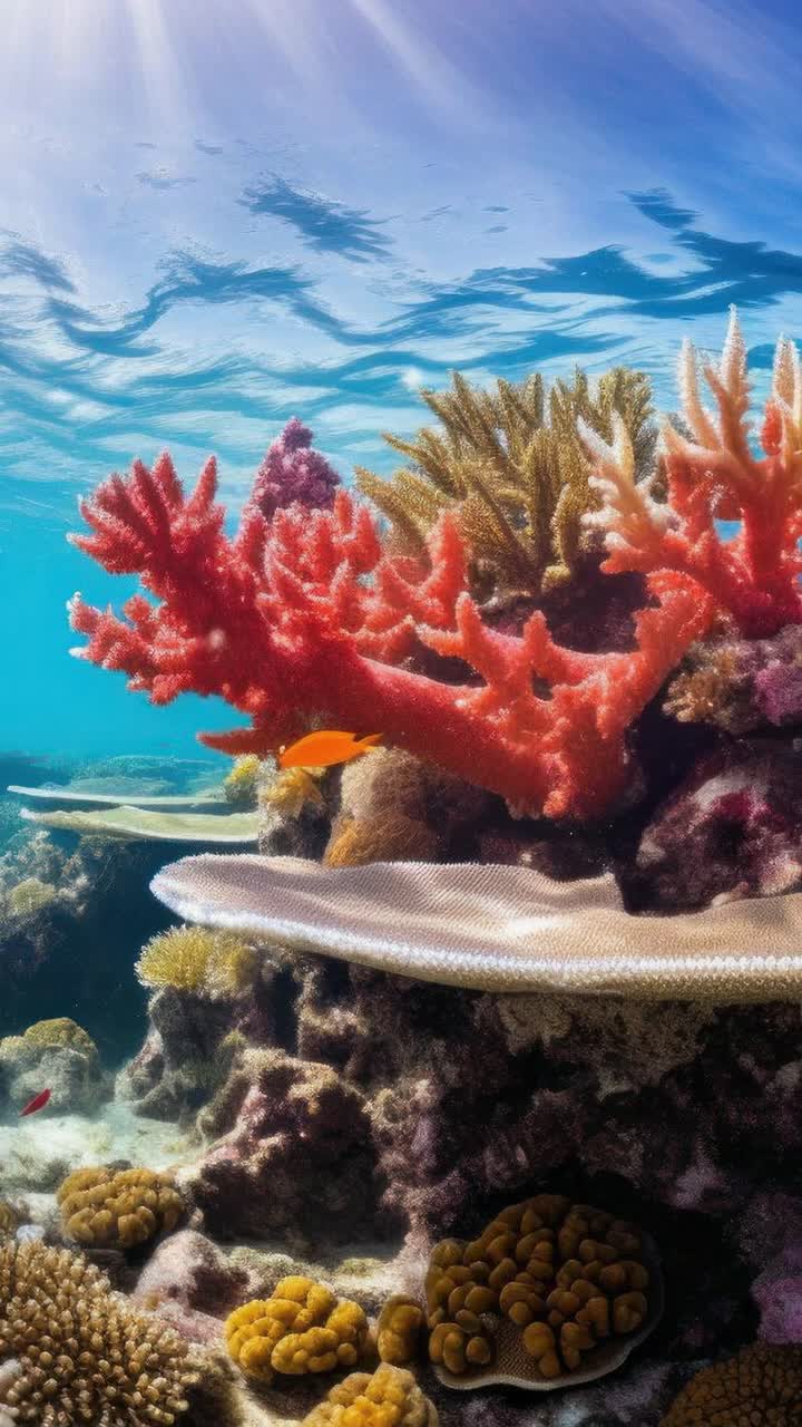 Escena vibrante de un arrecife de coral submarino capturada desde un ángulo lateral, que muestra una fauna marina diversa