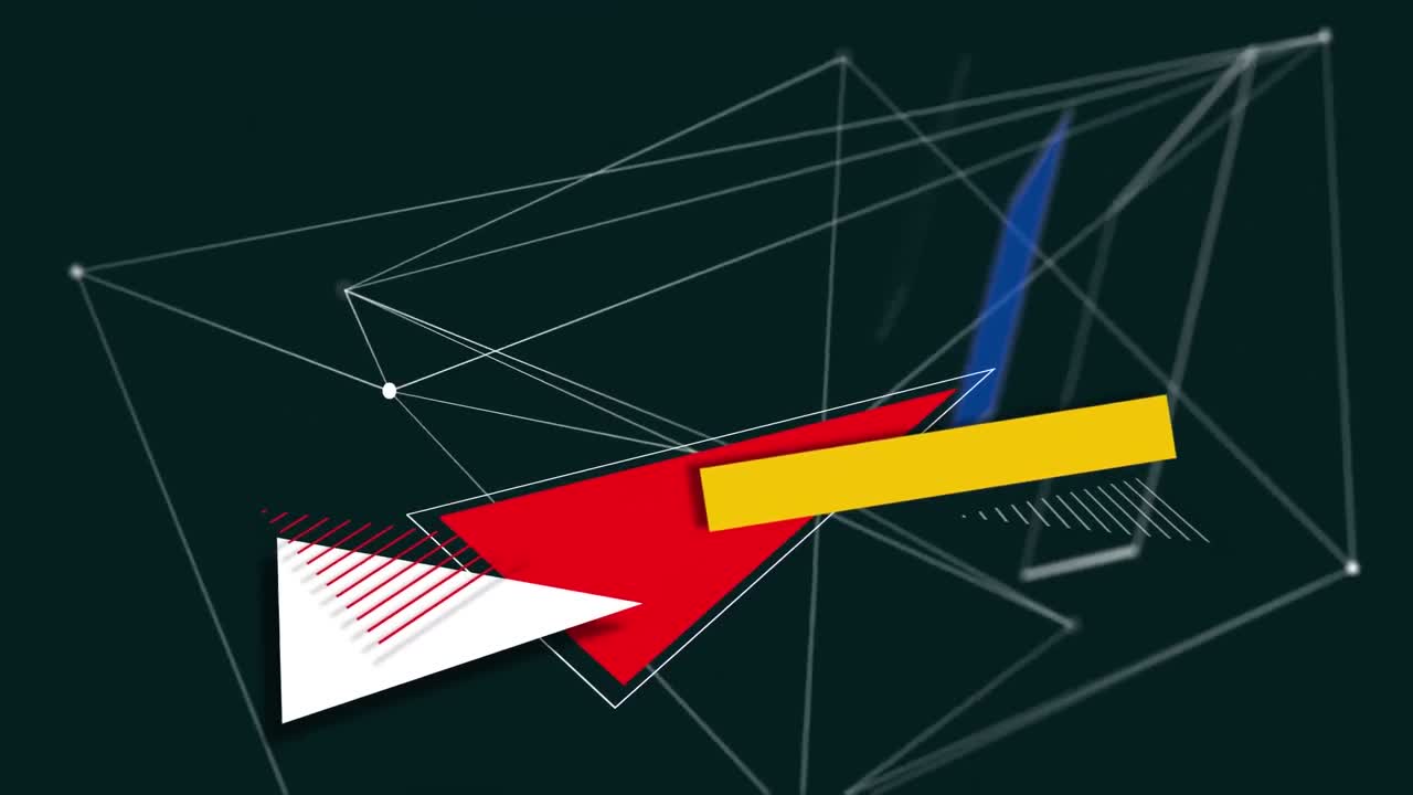 어두운 녹색 바탕에 회전하는  ⁇ 색 선 모양과 다채로운 기하학적 모양