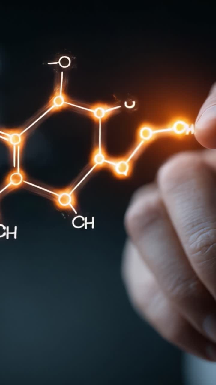 Rappresentazione della struttura molecolare: legami chimici illuminati manipolati da una mano umana su uno sfondo scuro, a significare esplorazione scientifica e innovazione.
