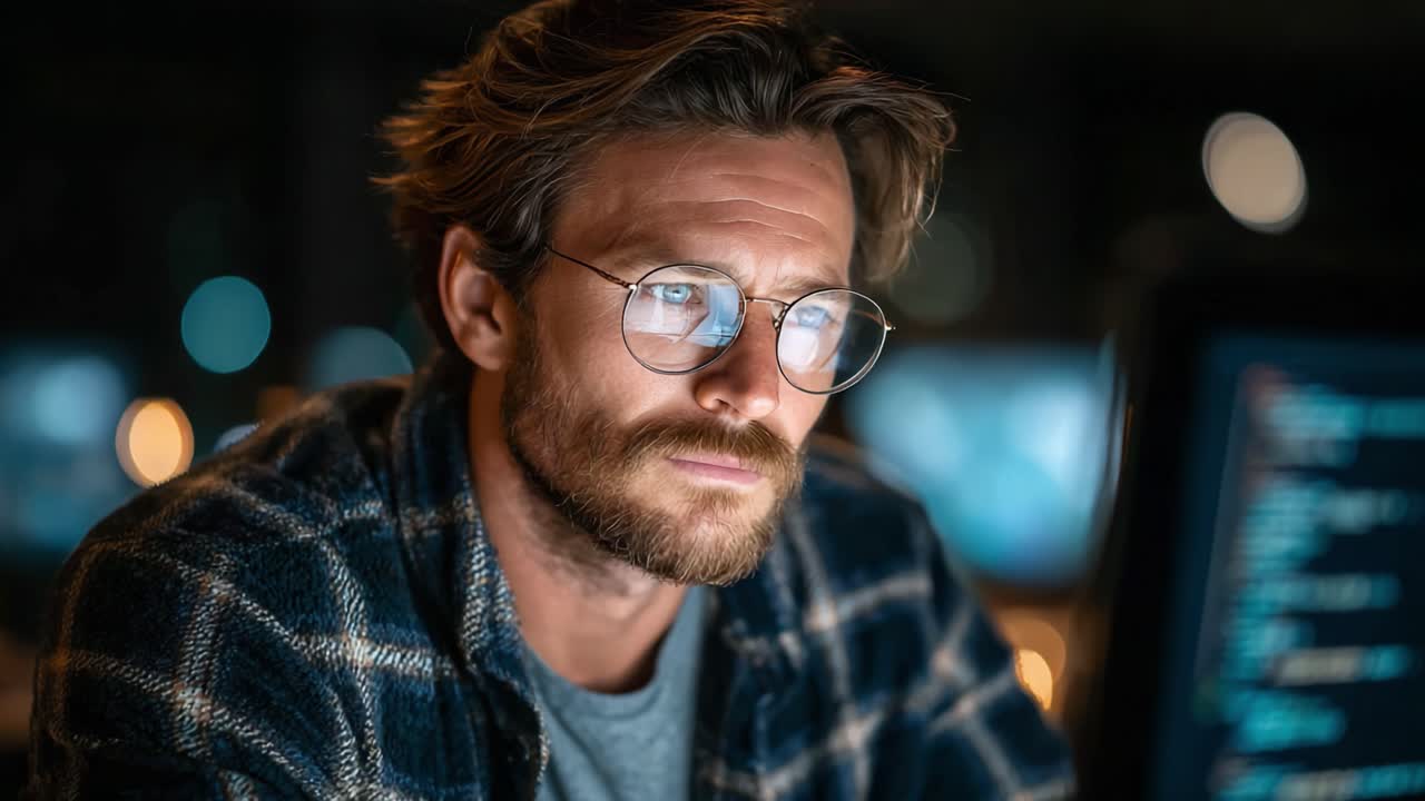 Deep in Concentration: A Focused Individual Analyzes Content on a Computer Screen Surrounded by Dim Lighting and Digital Elements