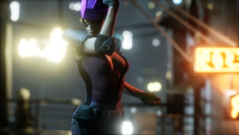 futuro concepto de mujer cyberpunk con luces de neón de la ciudad