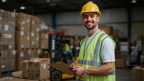 warehouse worker with clipboard and safety gear