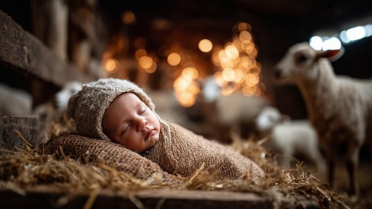 A Serene Moment: An Innocent Baby Enveloped in Warmth Amidst a Cozy Barn Filled with Soft Hay and Gentle Farm Animals, Bathed in Glowing Light