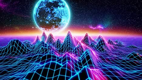 retro cyberpunk landscape with a planet