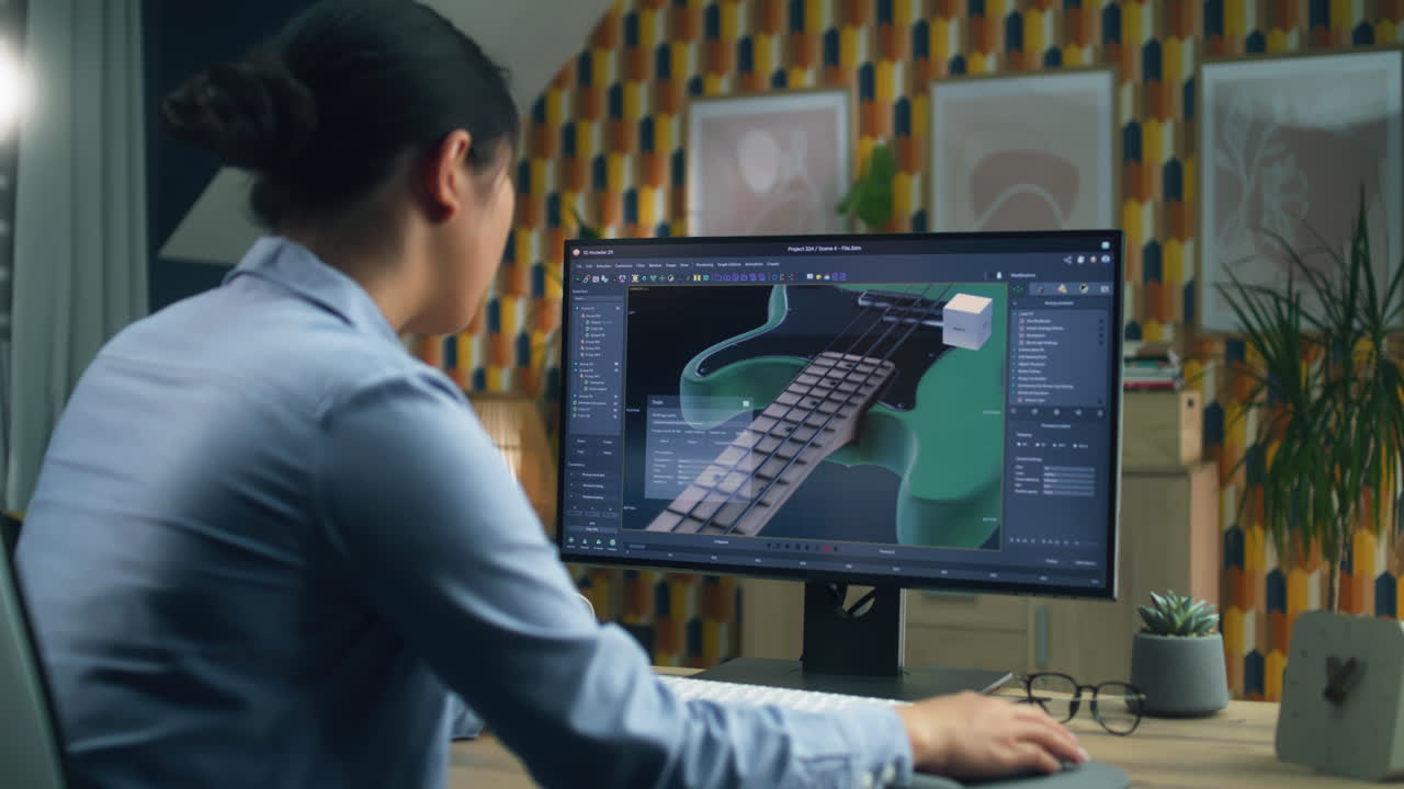 Woman 3D Modeling a Bass Guitar