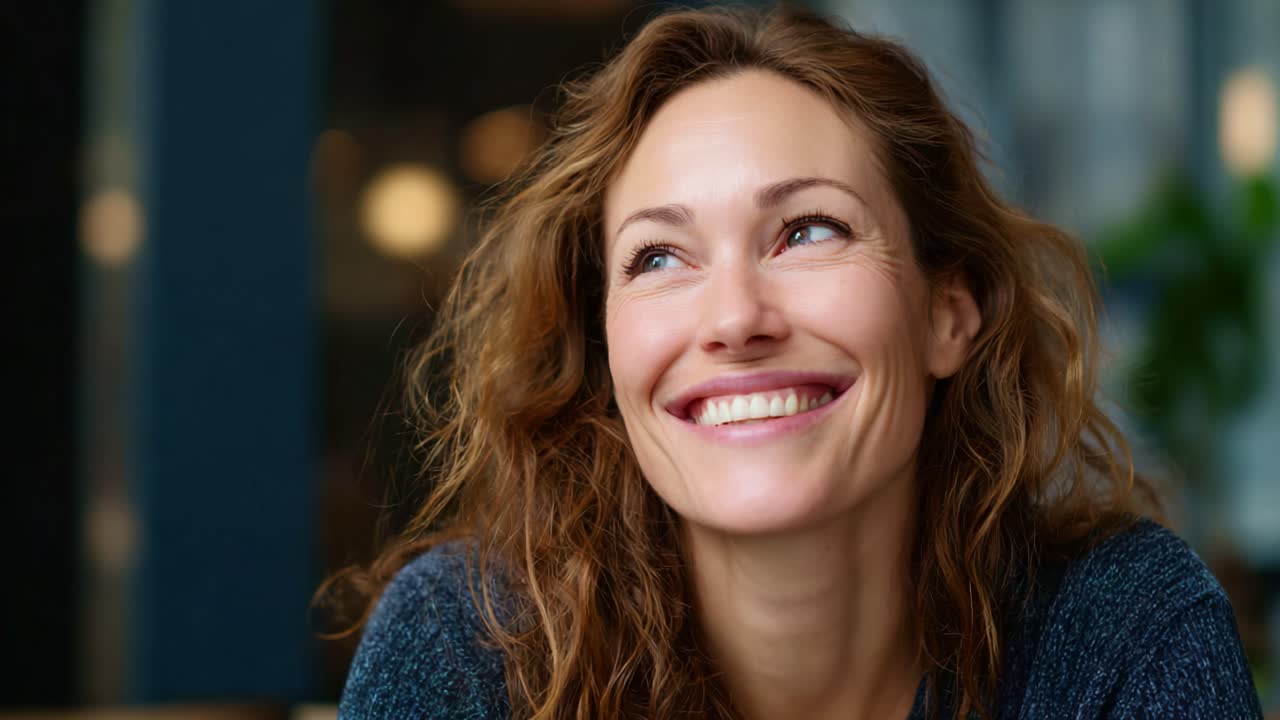 Una donna gioiosa con capelli ricci che irradia felicità in un ambiente interno luminoso, catturata in un momento di risate e riflessione gioiosa