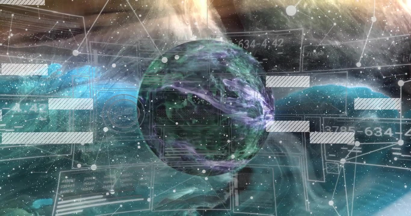 Data bars sliding initiating rotating 3D gaseous planet scanning with network overlay for analytics