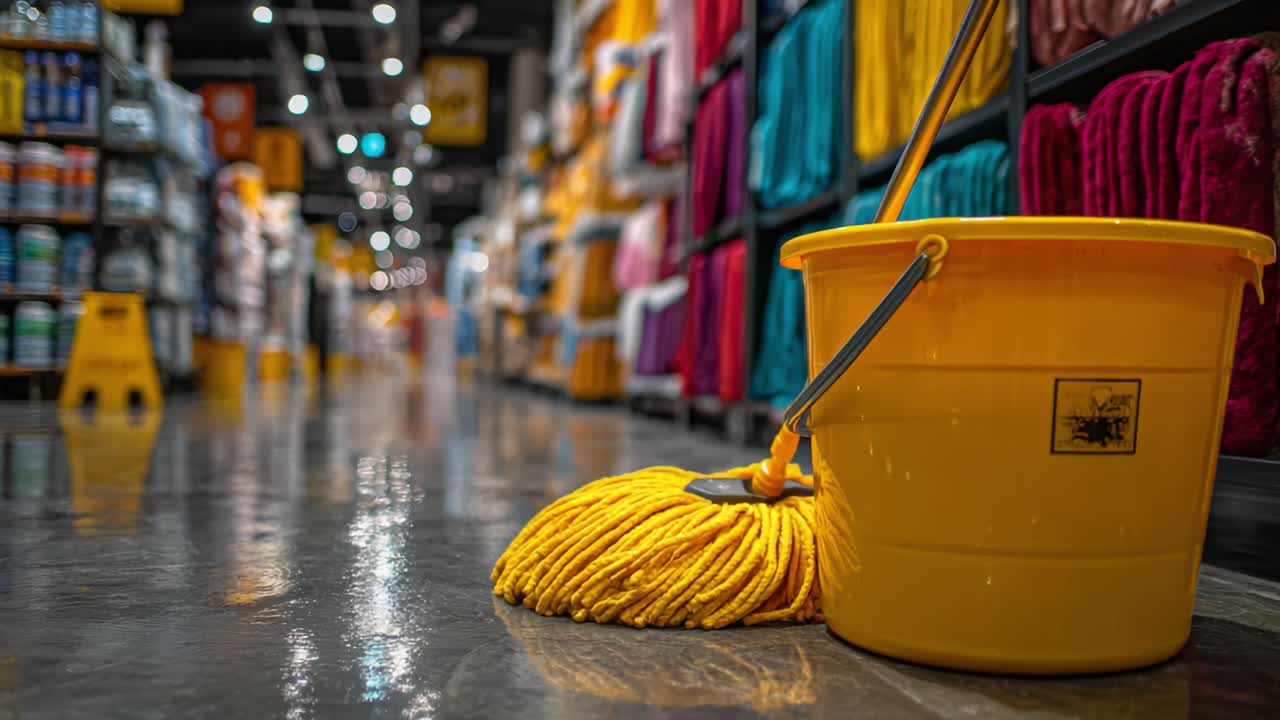 Um balde de esfregão amarelo brilhante posicionado estrategicamente em um corredor de limpeza bem abastecido, destacando a organização eficiente e a manutenção completa em um ambiente de varejo