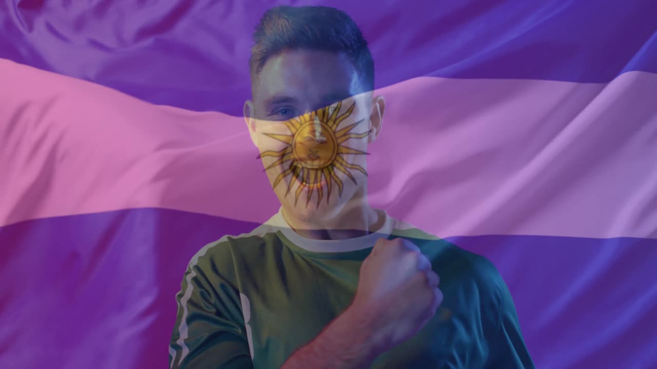 Animation of caucasian male soccer player over flag of argentina