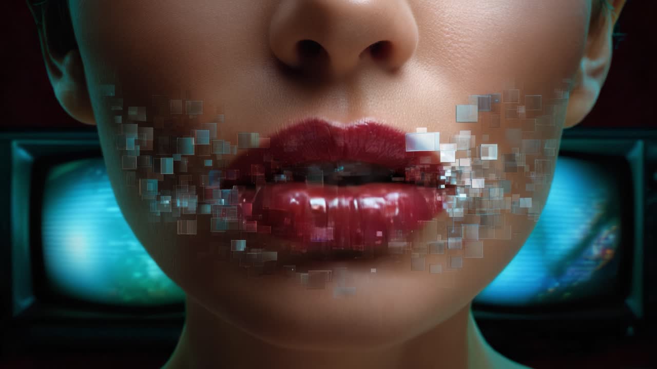 Transformação Digital: Uma Vista de Perto do Rosto de uma Mulher com Elementos Pixelizados se Fundindo e Dispersando ao Redor de Seus Lábios em um Cenário Surreal