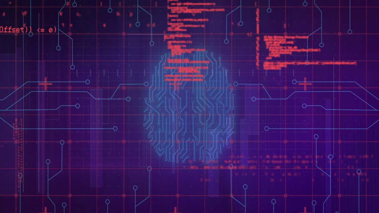 Animation of digital brain circuitry with red code lines on purple grid background