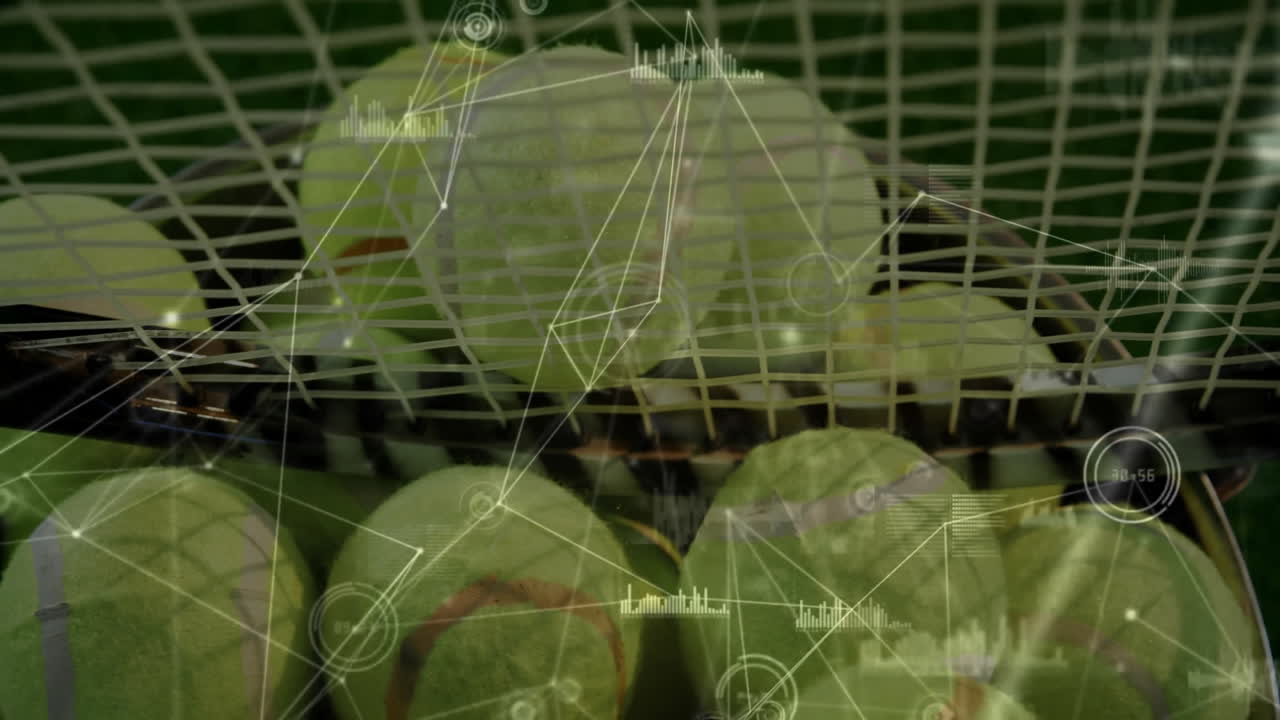 Animated 3D render showing cluster of green tennis balls aligning with network nodes overlay