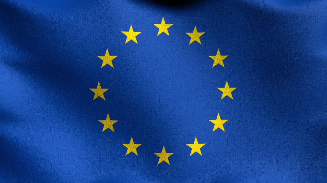 loop sem costura 4k vdo. a bandeira da europa. a união europeia ou a eu em fundo azul. símbolo das nações. ilustração de renderização 3d de sinal ondulante.