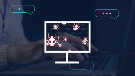 pantalla de la computadora con iconas de virus animación sobre la persona escribiendo en la computadora portátil