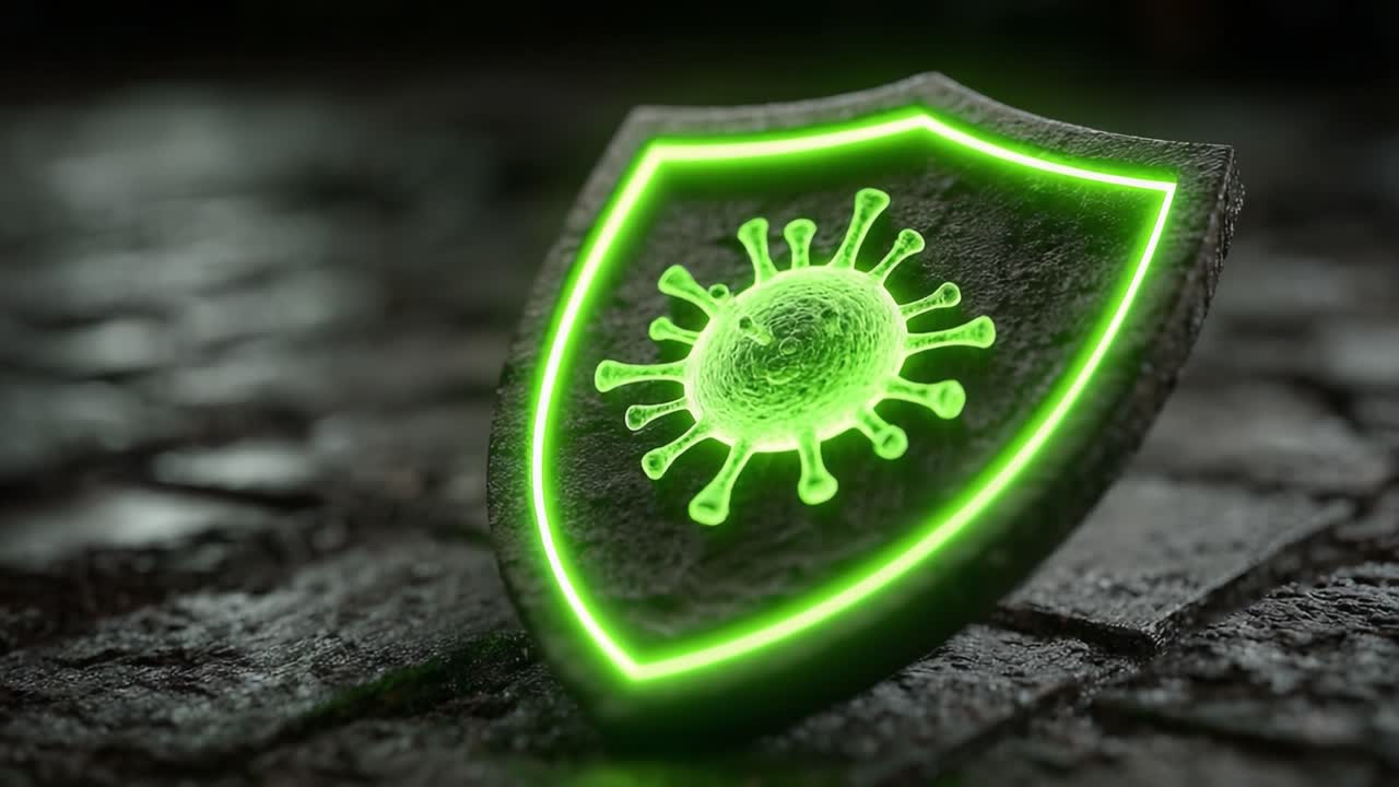 A Symbolic Shield Representing Protection Against Viruses, Illuminated with Green Light Against a Dark, Textured Background, Highlighting the Importance of Health Safety