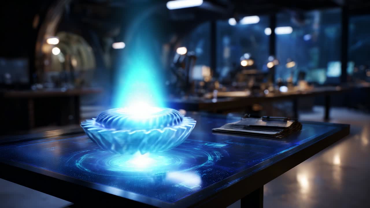 An Advanced Interactive Holographic Display in a High-Tech Research Lab, Showcasing Cutting-Edge Technology Through a Stunning Blue Light Projection Over a Futuristic Base Design on a Table
