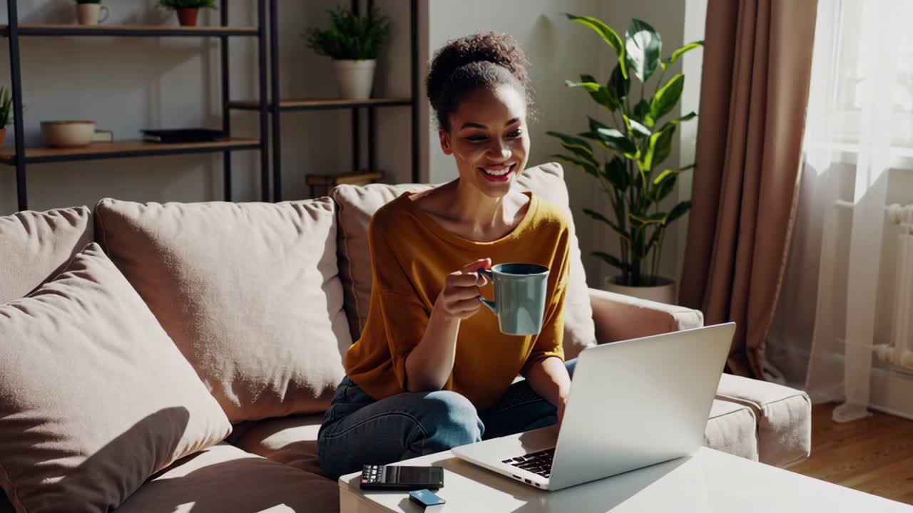 Happy Woman Working or Relaxing at Home on Couch with Laptop and Mug