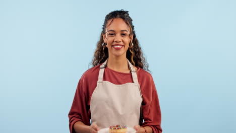 Donut,-Panadero-Y-Rostro-De-Mujer-Con-Una-Sonrisa