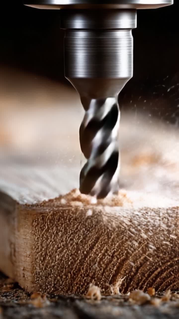 Primo piano di una punta da trapano elicoidale in azione su una superficie di legno, catturando le complessità dell'artigianato della lavorazione del legno e l'interazione dei materiali