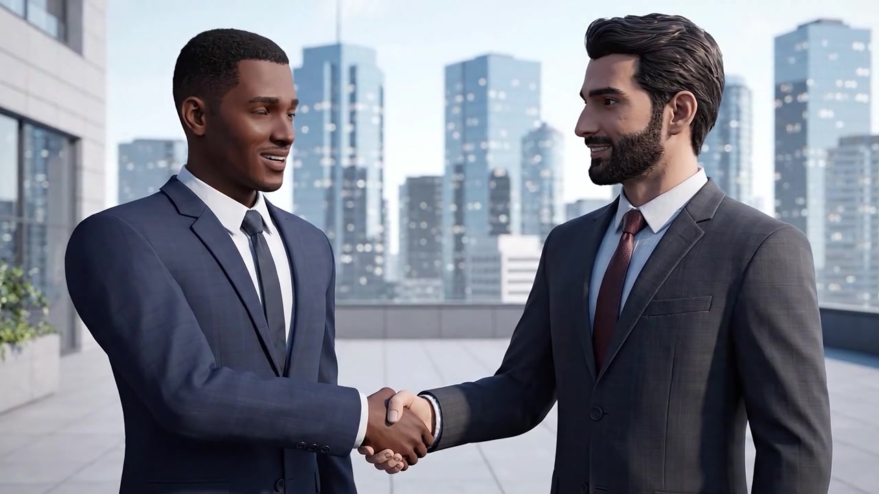 Due professionisti che si stringono la mano con entusiasmo su un tetto, circondati da un moderno paesaggio urbano, a simboleggiare partnership e collaborazione.
