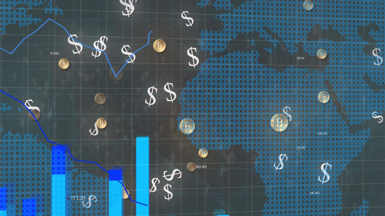 Animación de signos de dólar americano y estadísticas de líneas azules con un mapa mundial.