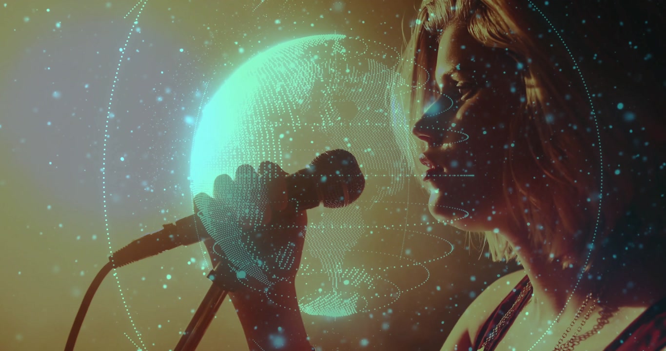 Teenage singer adjusting mic stand, starting music performance with rotating holographic globe