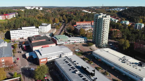 aerial flying towards kortedala square. gothenburg, sweden