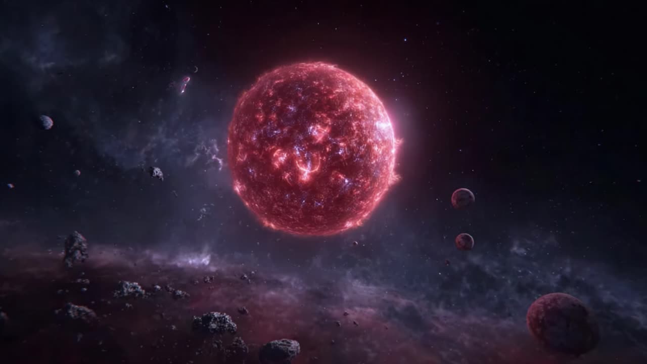 A Magnificent Red Star Illuminates the Cosmic Landscape, Surrounded by Celestial Bodies and Emitting a Vibrant Glow in a Vast Universe of Infinite Mystery and Energy