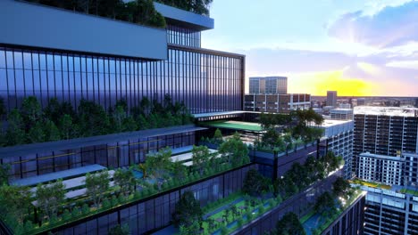 sustainable green building. eco-friendly building. sustainable glass office building with tree for reducing carbon dioxide. office with green environment. corporate building reduce co2. safety glass