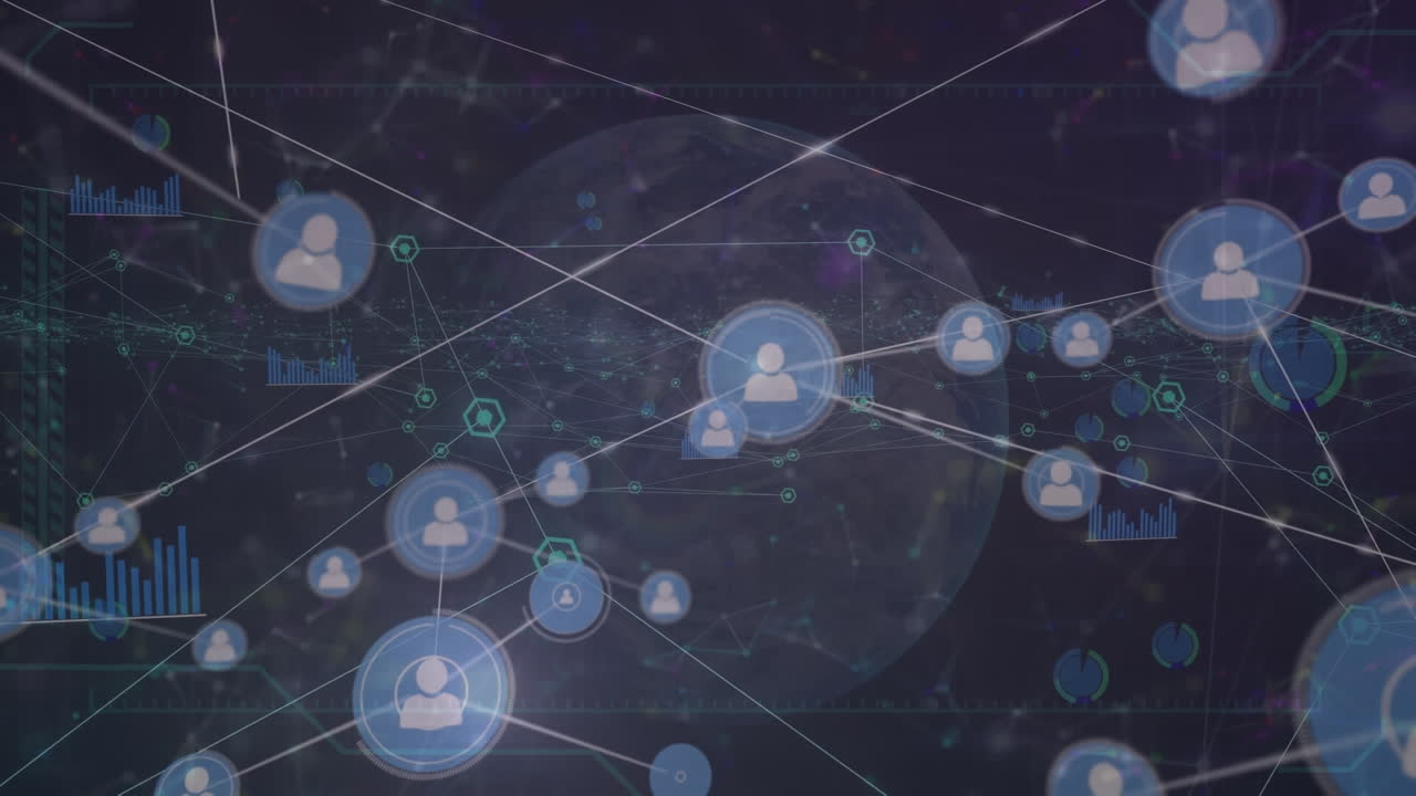 animación de la red de conexiones con iconos y procesamiento de datos en todo el mundo sobre fondo negro